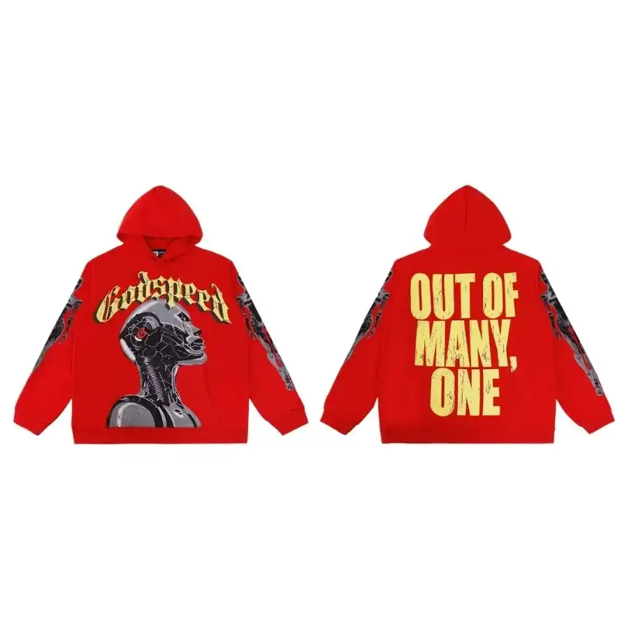Red Futuristic Cyborg Godspeed Graphic Hoodie Red Futuristic Cyborg Godspeed Graphic Hoodie